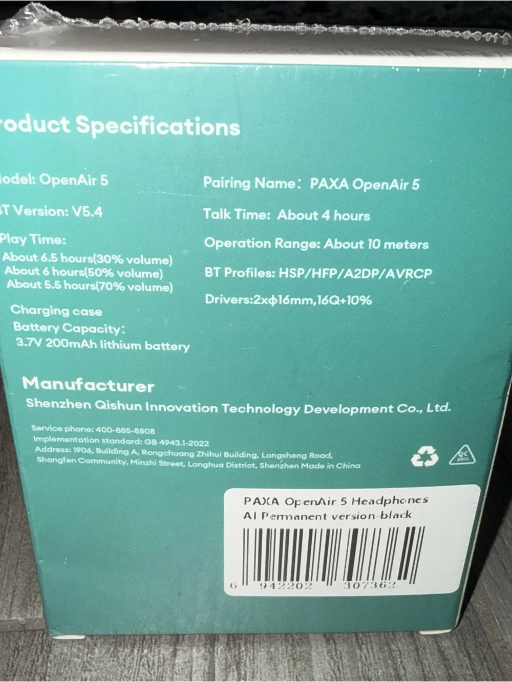 PAXA OpenAir 5 Open Ear Bluetooth 5.4 Wireless Earbuds Black NWT Sealed